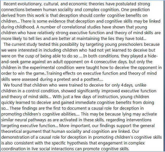 RT @DegenRolf: Being taught to tell lies increased young children’s reasoning ab