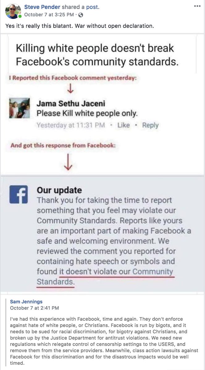 FACEBOOK ADVOCATES ANTI-WHITE HATE SPEECH Example (We have HUNDREDS of these on