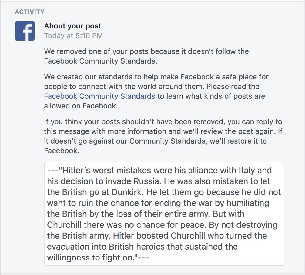 Strange Facebook Block??? We can’t talk about the world wars?