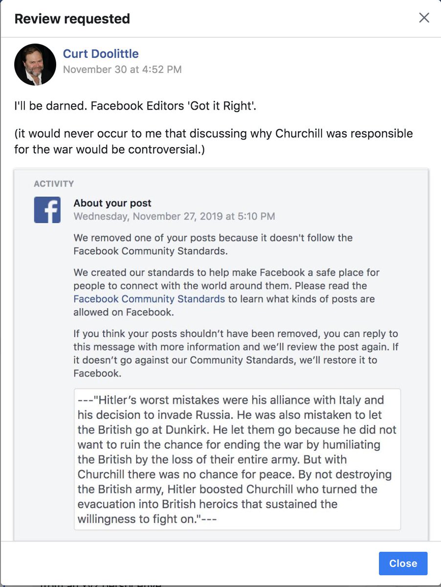 HYSTERICAL FACEBOOK NONSENSE In a conversation over “Churchill’s War” (a book by