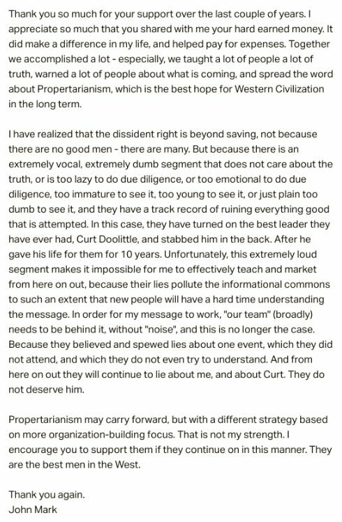 John mark did in no way repudiate propertarianism- just the opposite. He said so